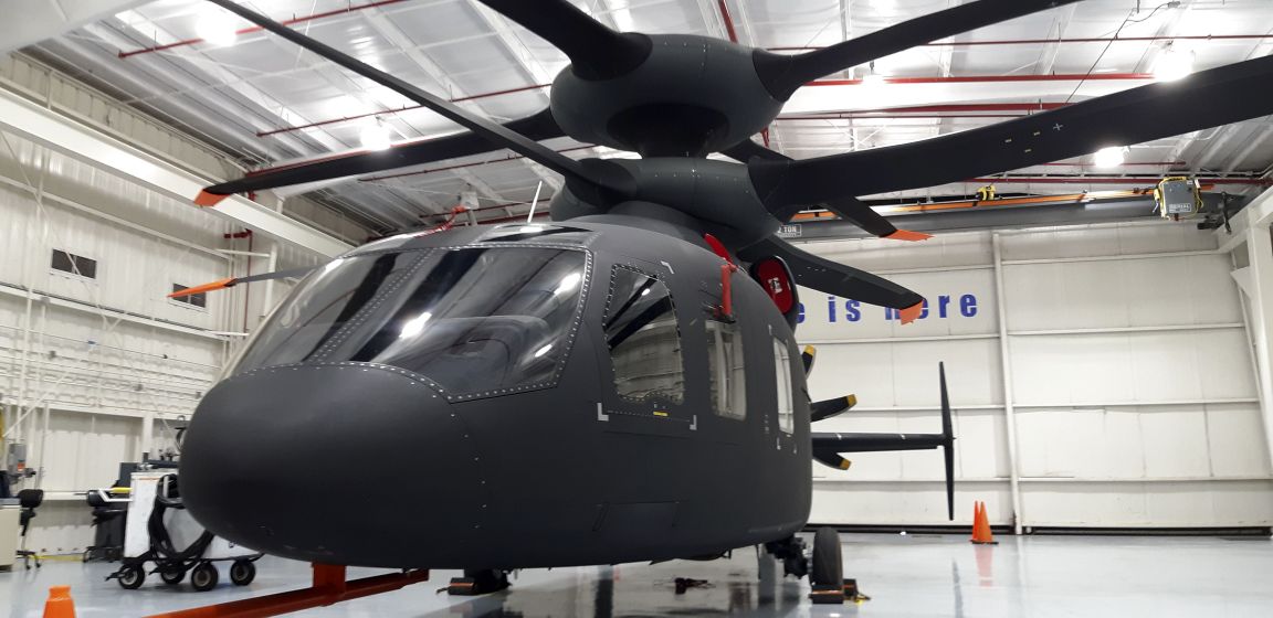 The Sikorsky-Boeing SB>1 Defiant coaxial helicopter on display at Sikorsky's flight facility in West Palm Beach, Florida, on 19 February. (Janes/Pat Host)