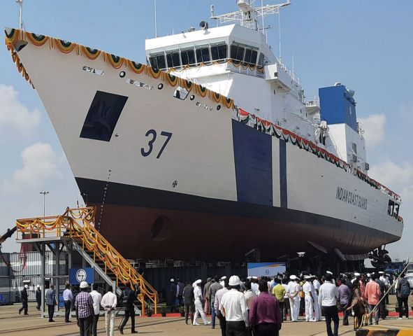 The sixth Vikram-class offshore patrol vessel built for the Indian Coast Guard, Vajra. (L&T)