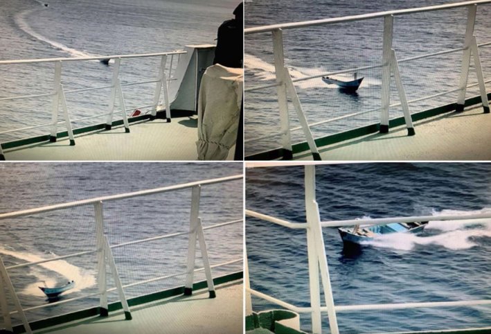Four images released by the Saudi Press Agency showing the apparent attempted attack. Top left: An armed guard appears to point a rifle towards the first of two approaching skiffs. Bottom left: the skiff turns to run alongside the tanker. Bottom right: The skiff seems to turn back towards the tanker, showing it has no crew. (Saudi Press Agency)