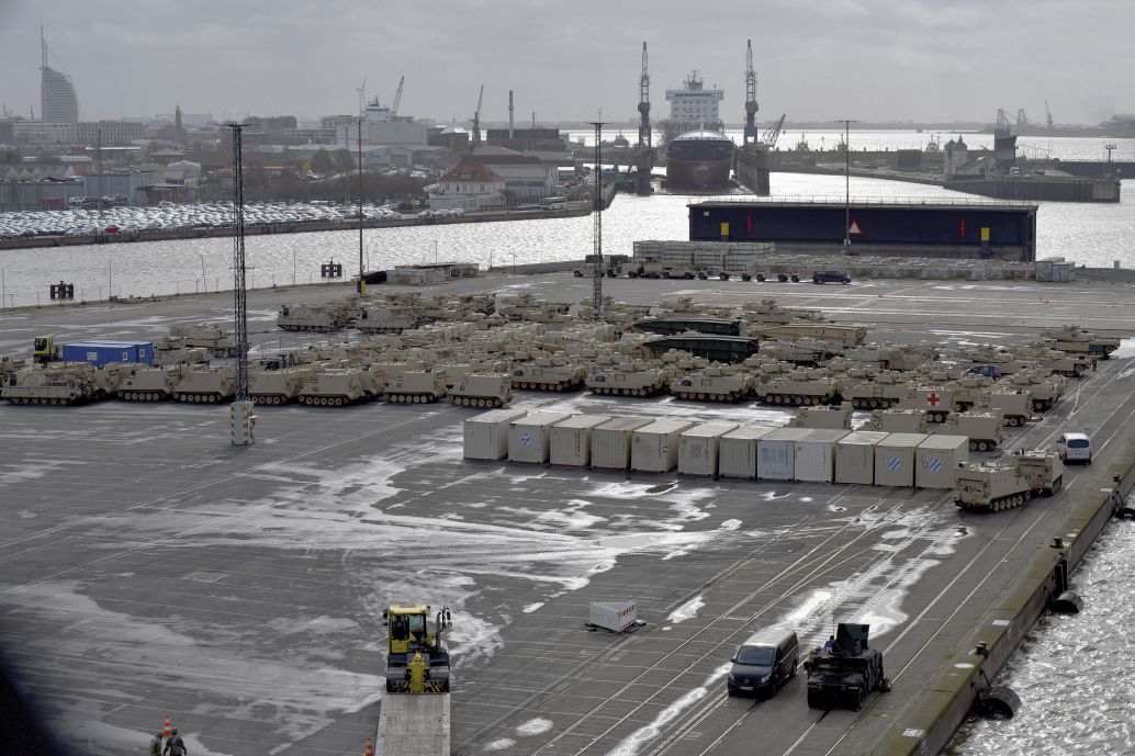 Some of the 3,000 pieces of equipment that were sealifted for ‘Defender-Europe 20’ being unloaded at Bremerhaven, Germany, on 21 February. (US Army/Jason Johnston)