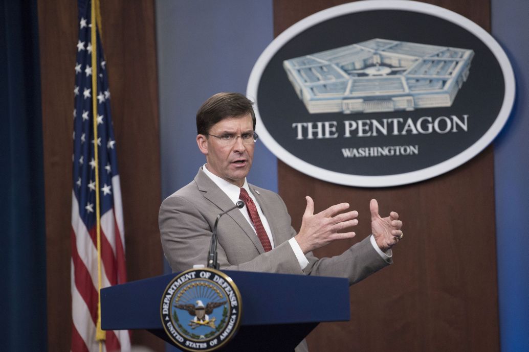 Defense Secretary Mark Esper briefs reporters about the department’s Covid-19 response at the Pentagon on 17 March. (DoD)