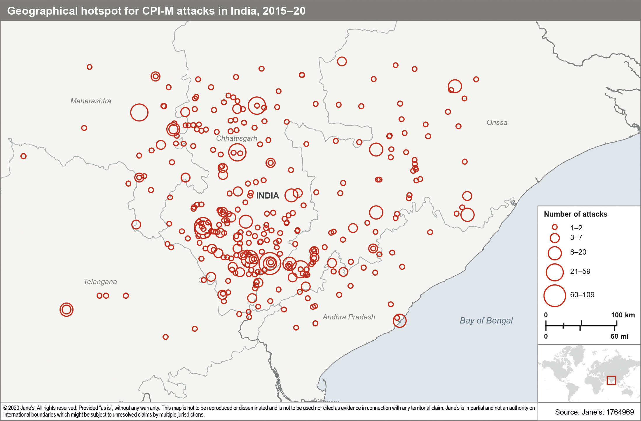 This map shows the concentration of CPI-M attacks around southern Chhattisgarh state (Jane’s)
