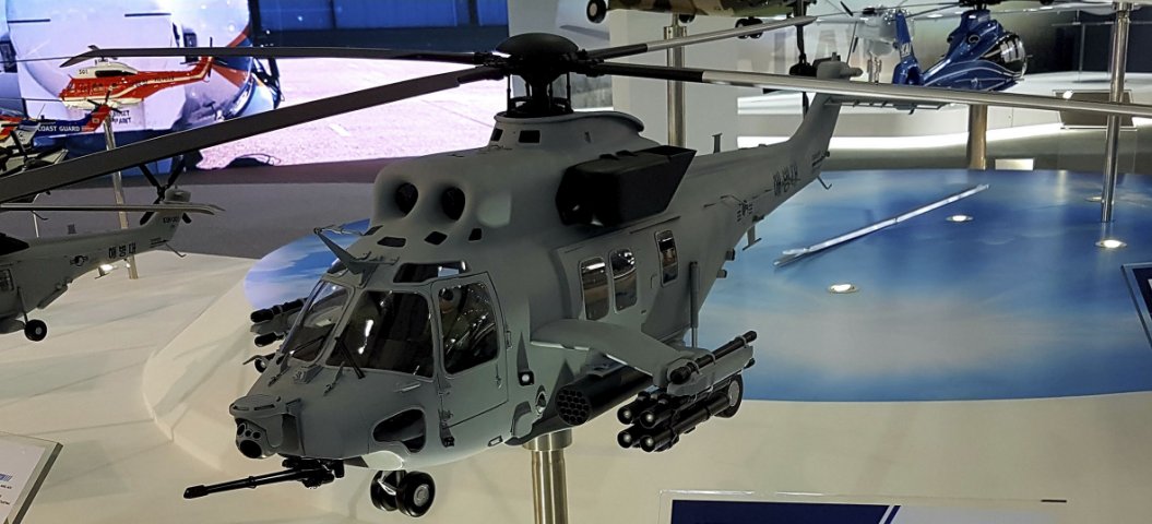 A model of the KAI Surion MAH at ADEX 2019 shows the 20 mm Gatling gun and EO/IR sensor in the nose and the stub-wing-mounted hardpoints (Janes/Gareth Jennings)