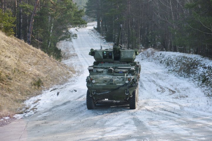 US soldiers with 4th Squadron, 2nd Cavalry Regiment conduct a live fire exercise using the 30 mm Stryker ICVD at the 7th Army Training Command's Grafenwoehr Training Area, Germany, in February 2018. The service is in the midst of a competition to decide which vendor will outfit the Strykers with the XM813 cannon. (US Army )