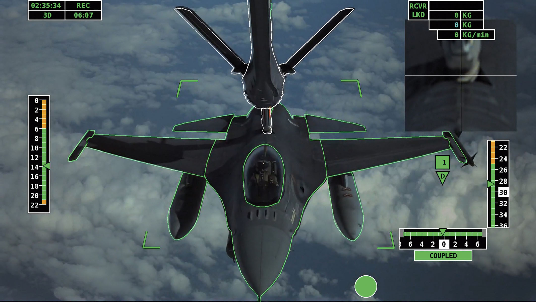 A graphic representation of Airbus’s new automatic air-to-air refuelling (A3R) system passing fuel to an F-16 receiver aircraft.  (Airbus)